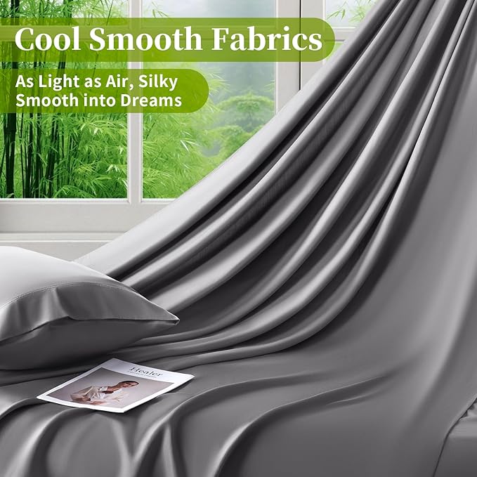 Shilucheng 100% Viscose Derived from Bamboo_ Sheets Full Size 4pcs - Ultra Cooling & Silky Soft Bed Sheets, 16" Deep Pocket, Perfect for Hot Sleepers, Hotel Bedding Sheets (Grey)