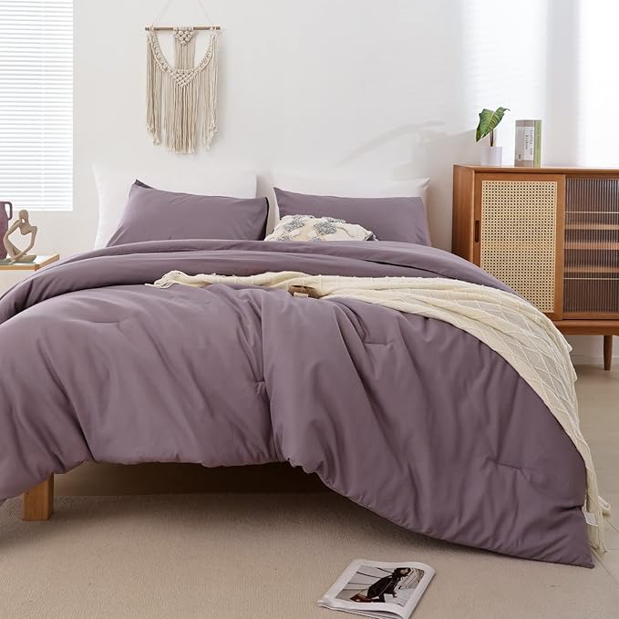 ROSGONIA King Size Comforter Set Dusty Purple, 3pcs (1 Boho Comforter & 2 Pillowcases) All Season Bedding Lightweight Bedspread Blanket Quilt