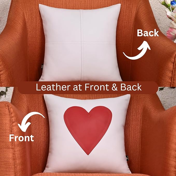 LL LEATHER LOVERS Genuine Lambskin Leather Pillow Cover, 14x14 Inch Case for Lumbar Throw Couch Pillows, Thick & Soft Cushion Covers for Sofa Bed Home Décor (Red Heart & White Plain Pack of 2)