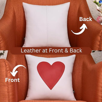 LL LEATHER LOVERS Genuine Lambskin Leather Pillow Cover, 14x14 Inch Case for Lumbar Throw Couch Pillows, Thick & Soft Cushion Covers for Sofa Bed Home Décor (Red Heart & White Plain Pack of 2)