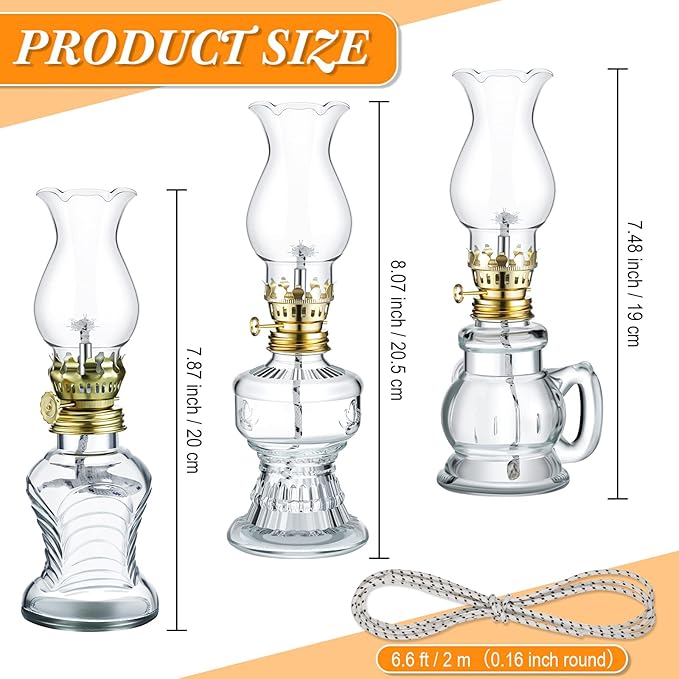Yexiya 12 Set Vintage Glass Kerosene Lamp Rustic Oil Lamp Lantern Chamber Oil Clear Kerosene Hurricane with 6.6 ft Extra Wick for Indoor Use Lighting Decor Emergency (Retro Style)