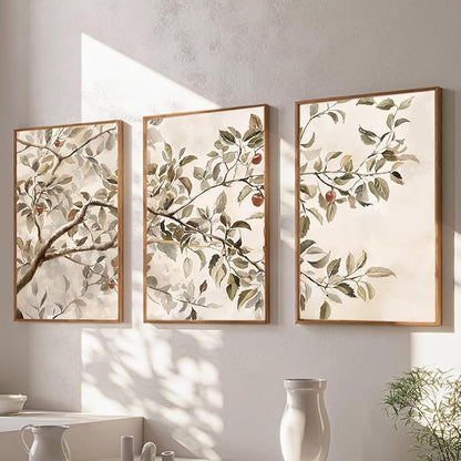 HLNIUC Apple Tree Vintage Framed Wall Art Set, Botanical Branch Canvas Wall Decor, Rustic Farmhouse Leaves Wall Painting, Retro Nature Plant Art Print for Living Room, Bedroom, Office - 16"x24"x3