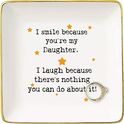 Topthink Daughter Gifts from Mom or Dad-Funny Birthday Graduation Christmas Gifts-I Smile Because You're My Daughter-Ceramic Jewelry Holder Ring Dish Trinket Tray