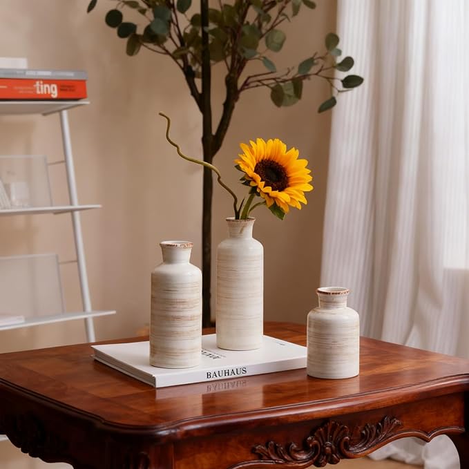 Ceramic Flower Vase Set of 3 - Small Porcelain Vase Set,Modern Minimalist Smooth Ceramic Table Flower Vases for Home Decor,Decorative Centerpiece for Living Room,Bedroom,Dining Table,Fireplace Mantle
