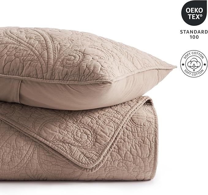 EVERGRACE 100% Cotton Paisley Quilt Set, Queen Size 3 Piece Set – Prewashed Lightweight Bedspread with 2 Shams, Soft & Breathable Matelasse Coverlet for All-Season Comfort, Dusty Brick