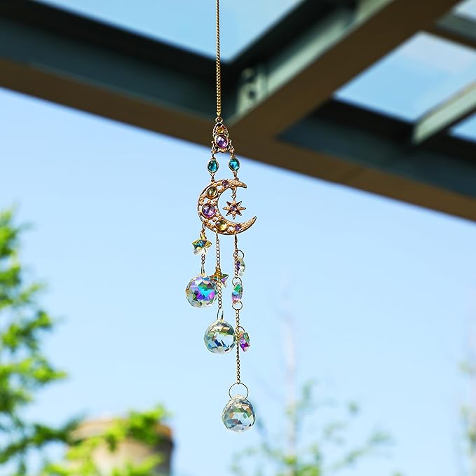 H&D HYALINE & DORA Handmade Crystal Moon&Star Prisms Suncatchers, Glass Window Hanging Ornament, Rainbow Rhinestones Decor for Home Garden Imitation Jewellery
