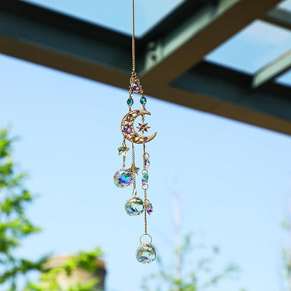 H&D HYALINE & DORA Handmade Crystal Moon&Star Prisms Suncatchers, Glass Window Hanging Ornament, Rainbow Rhinestones Decor for Home Garden Imitation Jewellery