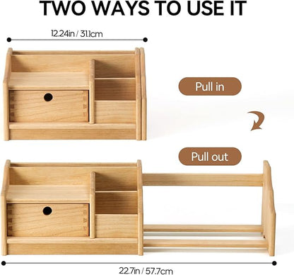 KIRIGEN Desktop Adjustable Organizer Storage Book Shelf with Drawer Wooden Desk Bookcase Workplace Storage Station Expandable Book Rack Fully Assembled SSSJ-S-NA
