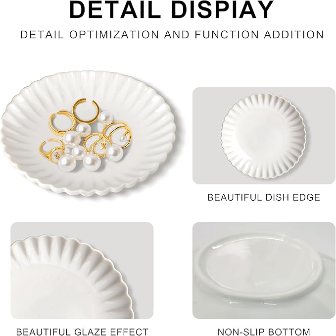 Ceramic Jewelry Dish, Decorative Tray for Rings Earrings Necklaces Bracelet Watch Keys, 4.50" Trinket Tray as Gifts for Women (White Wave)