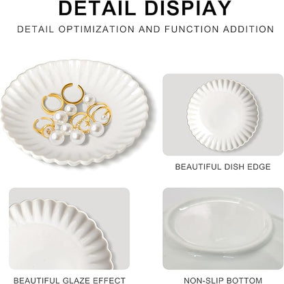 Ceramic Jewelry Dish, Decorative Tray for Rings Earrings Necklaces Bracelet Watch Keys, 4.50" Trinket Tray as Gifts for Women (White Wave)