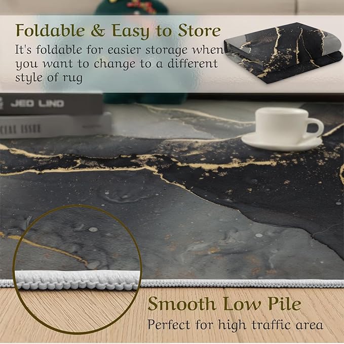Elegant Black Gold Abstract Marble Design Art Area Rug, Modern Luxury Creativity Print Large Rugs, Machine Washable Breathable Durable Carpet for Room Sofa Living Room Mat Bedroom Decor,4 x 6ft