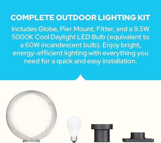 KASTLITE 12" Globe Pier Mount Outdoor Lighting with LED Lamp | UV & Waterproof Pillar & Column Lights | Deck Driveway Yard Patio & Garden Fixture | Made in USA | Prismatic Cover, Black Basic Base