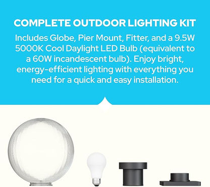 KASTLITE 12" Globe Pier Mount Outdoor Lighting with LED Lamp | UV & Waterproof Pillar & Column Lights | Deck Driveway Yard Patio & Garden Fixture | Made in USA | Prismatic Cover, Black Basic Base