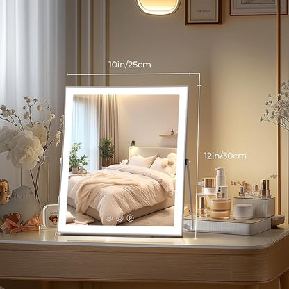 Vanity Mirror with Lights,10"x12" Lighted Makeup Mirror with 3 Color Modes, 360° Rotation Desk Mirror, Dual Power Supply, Smart Touch Control (White),Valentine's Day Gift for Her