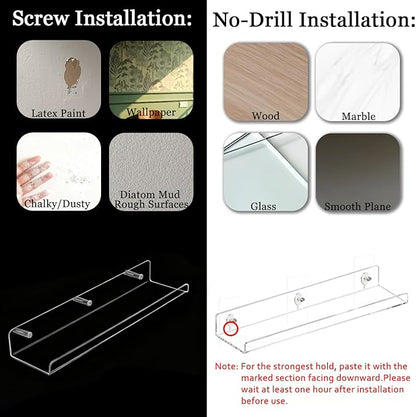 Consss 2 Pack No Drill Floating Shelves for Wall，11.8'' x 3.6'' Clear Acrylic Display Shelf for Living Room,Gaming Room, Office, Bathroom, Bedroom, Kitchen, Invisible Wall Organizers