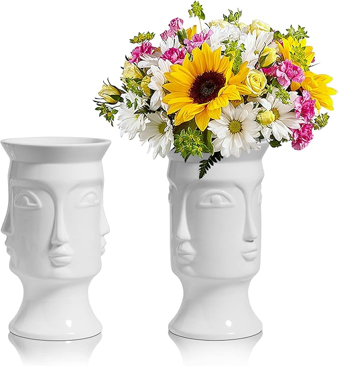 ComSaf Ceramic Flower Vase White Set of 2, Modern Face Flower Vase Tall Posy Bouquet Centerpiece for Home, Wedding, Christmas Decoration Gift(7 Inch Height)
