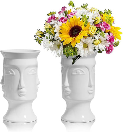 ComSaf Ceramic Flower Vase White Set of 2, Modern Face Flower Vase Tall Posy Bouquet Centerpiece for Home, Wedding, Christmas Decoration Gift(7 Inch Height)