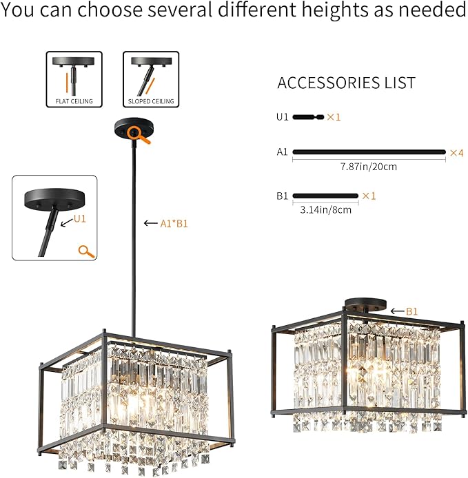 LMQNINE Modern Foyer Chandelier, Black Crystal Chandelier Entryway Pendant Light Fixture, Square Adjustable Height Chandeliers for Kitchen Island, L15.74'' x H9.84''