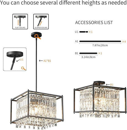 LMQNINE Modern Foyer Chandelier, Black Crystal Chandelier Entryway Pendant Light Fixture, Square Adjustable Height Chandeliers for Kitchen Island, L15.74'' x H9.84''