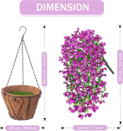 Artificial Hanging Flowers Plants with Basket for Outdoors, Realistic Faux Silk Daisy Flower Eucalyptus for Spring Decor, UV Resistant Fake Plants for Porch Patio Yard Balcony, Purple