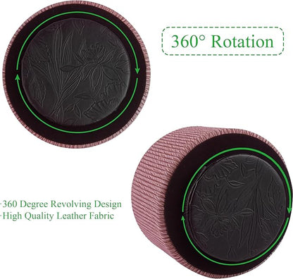 Round Leather Art Supply Organizer,Remote Control Holder,360 Degree Spinning,Multi-Functional Pencil Holder,4 Compartments Desktop Stationary Organizer(1-Wood Pink)