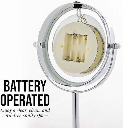 OVENTE 6" Lighted Makeup Mirror with 1X/7X Magnification, Cordless Tabletop Mount Vanity Round Mirror with 360° Swivel Design and Double Sided Cool Tone LED Ring Light, Polished Chrome MLT60CH1X7X