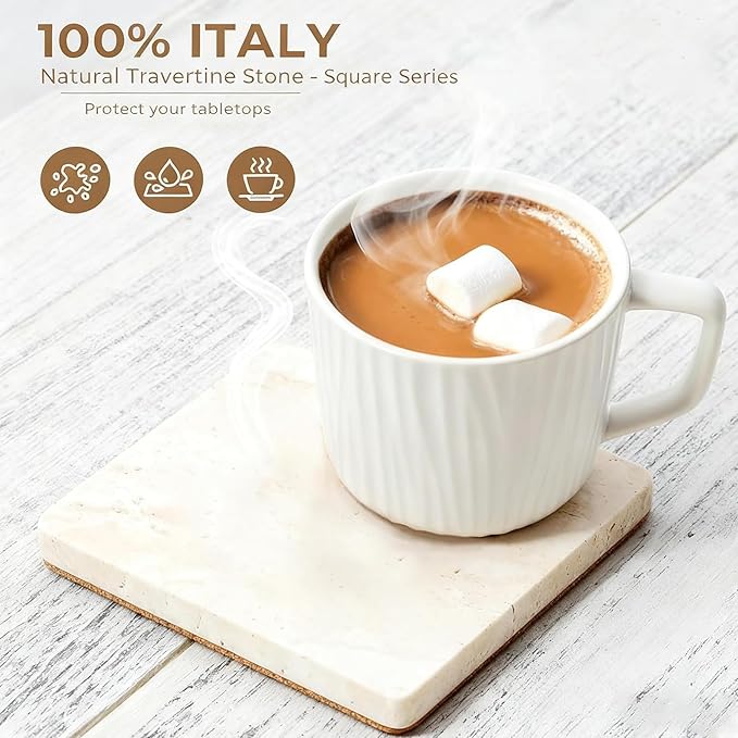 Stone Coasters Set 4PC Natural Travertine, Stone Drink Coaster for Coffee Table Desk,Thick Wood Cork Coaster, Table Cup Mat, Friends houswarming Gift for Furniture, Kitchen, Bar, Wedding