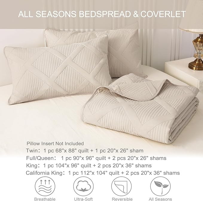 Exclusivo Mezcla Oversized King Quilt Set- Brich Beige Cal King Quilts Bedding Set with 2 Pillow Shams, Modern Bedspread with Striped Pattern, Soft Lightweight Bedspreads Coverlets for All Seasons