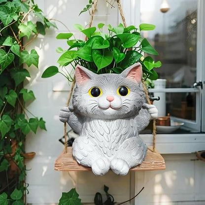 Cat Hanging Planters for Indoor Outdoor Plants, Small Cute Hanging Pots for Succulent, String of Pearls Plant, Resin Hanging Flower Pots with Drainage Hole, Unique Gift, Garden Home Decor