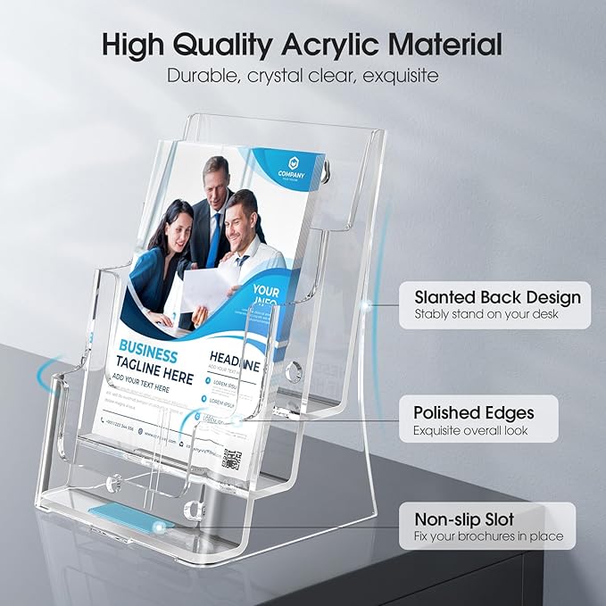 MaxGear Brochure Holder 3 Tier 8.5x11 inch with Removable Divider for 4x9 inch Acrylic Literature Display Stand Clear Plastic Flyer Holder Wall Mount or Countertop Use for Pamphlets, Booklets, 4 Pack