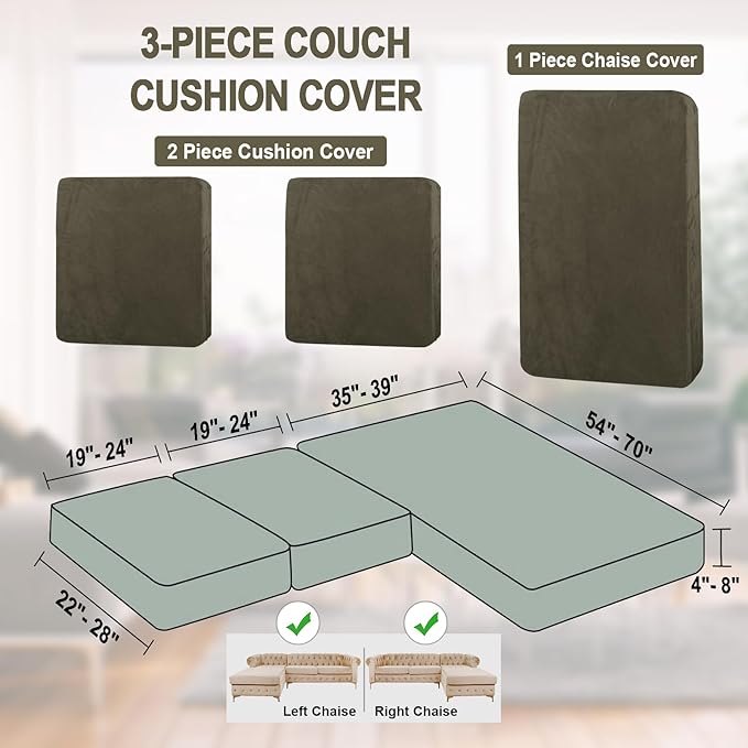 Sectional Couch Cover 3 Pieces Velvet Separate Couch Cushion Covers L Shape Soft Stretch Sofa Slipcovers with 2pcs Pillowcases for Left/Right Chaise Sectional Couch(2 Seater+1 Chaise,Olive Green)
