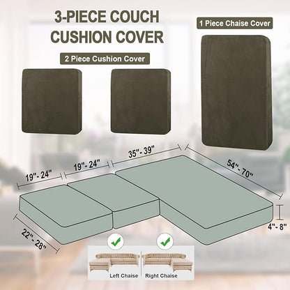 Sectional Couch Cover 3 Pieces Velvet Separate Couch Cushion Covers L Shape Soft Stretch Sofa Slipcovers with 2pcs Pillowcases for Left/Right Chaise Sectional Couch(2 Seater+1 Chaise,Olive Green)