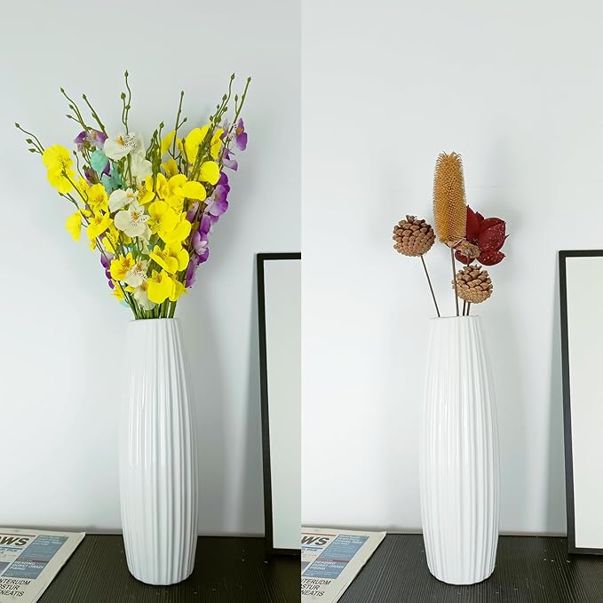 12Inch Tall White Ceramic Vase for Home Decor, Modern Textured Vase for Living Room, Table Centerpiece, Farmhouse Style