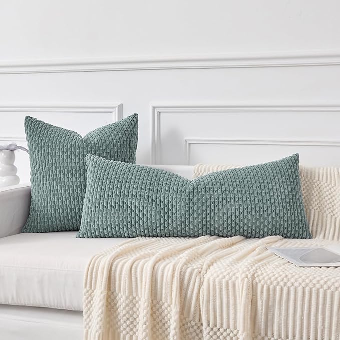 Kevin Textile 20x54 Inch Long Body Lumbar 1 Pack Boho Decorative Throw Pillow Cover Soft Striped Corduroy Rectangle Cushion Case Farmhouse Accent for Living Room Couch Sofa Bed, Teal Green