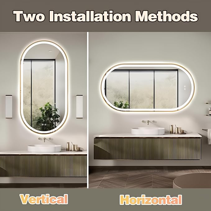 Niccy Oval LED Mirror for Bathroom, 55x28 Front Lit + Backlit Vanity Mirrors with Light Anti-Fog, Shatter-Proof, 3 Colors, Makeup Mirror with Old Black Frame (Horizontal/Vertical)