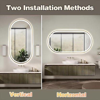 Niccy Oval LED Mirror for Bathroom, 55x28 Front Lit + Backlit Vanity Mirrors with Light Anti-Fog, Shatter-Proof, 3 Colors, Makeup Mirror with Old Black Frame (Horizontal/Vertical)