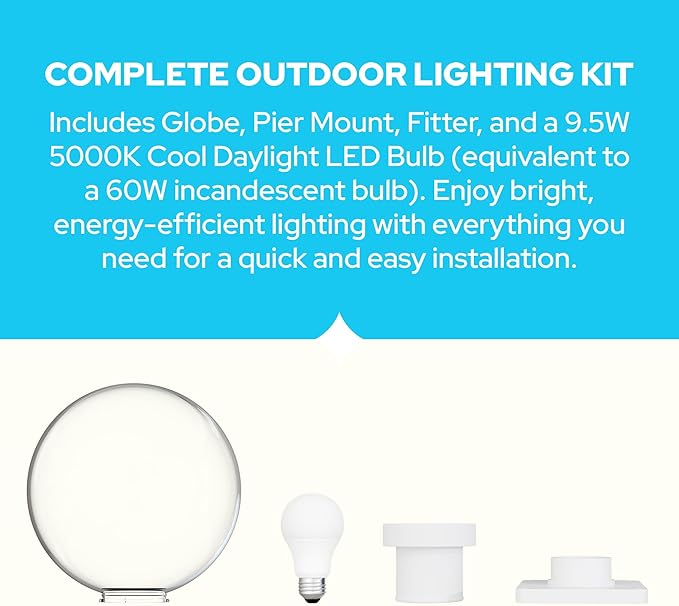 KASTLITE 12" Globe Pier Mount Outdoor Lighting with LED Lamp | UV & Waterproof Pillar & Column Lights | Deck Driveway Yard Patio & Garden Fixture | Made in USA | Clear Cover, White Basic Base