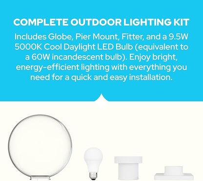 KASTLITE 12" Globe Pier Mount Outdoor Lighting with LED Lamp | UV & Waterproof Pillar & Column Lights | Deck Driveway Yard Patio & Garden Fixture | Made in USA | Clear Cover, White Basic Base
