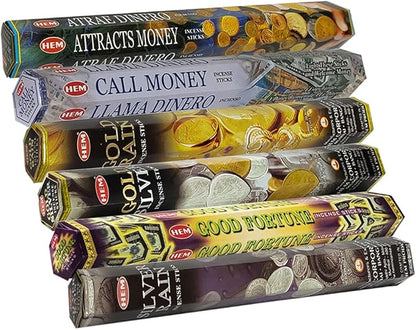 Hem Incense Sticks Variety Pack #29 and Incense Stick Holder Bundle with 6 Money and Good Luck Fragrances