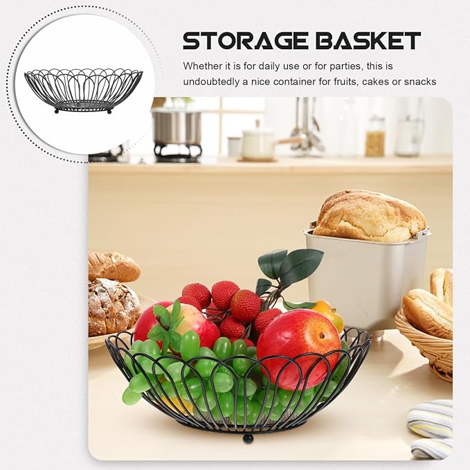 Angoily Fruit Basket, 11.59 Inches Wire Bread Basket for Kitchen Counter, Black Round Fruit Bowl for Lemon, Banana, Candy, Snack in Office