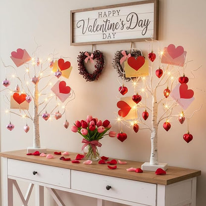 PEIDUO Valentine's Day Decorations, Set of 2 Gift Card Tree with 24 Hanging Heart Ornaments, for Home Indoor Bedroom Anniversary Wedding Party Decor, 6H/18H Timer