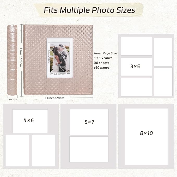 RECUTMS Photo Album Self Adhesive Multiple Photo Sizes 4x6 5x7 8x10 DIY Scrapbook Photo Album 30 Pages Button Grain Leather Picture Album Baby Family Wedding Anniversary Photos Book (Pink)