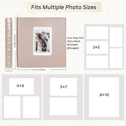 RECUTMS Photo Album Self Adhesive Multiple Photo Sizes 4x6 5x7 8x10 DIY Scrapbook Photo Album 30 Pages Button Grain Leather Picture Album Baby Family Wedding Anniversary Photos Book (Pink)