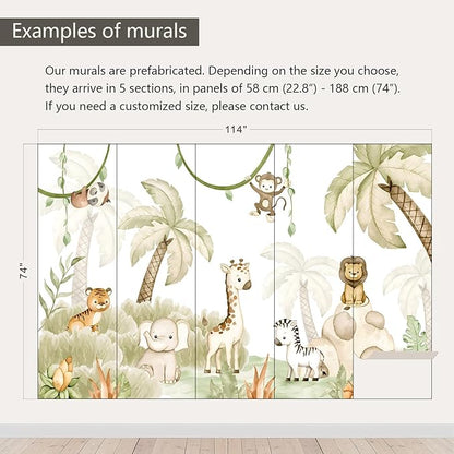 AFZEVEB-Safari Wallpaper Watercolor Animal Nursery Wall murals for Kids Room 114"x74"(Not Peel and Stick)