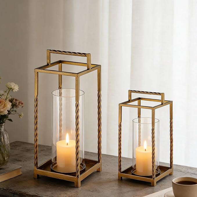 Set 2 Modern Metal Lantern with Twisted Rope-style Frame In Antique Brass with Glass Hurricane For Pillar, String Light. Centerpiece, Mantel, Ambient Lighting, Farmhouse, Transitional, Patio, Entryway
