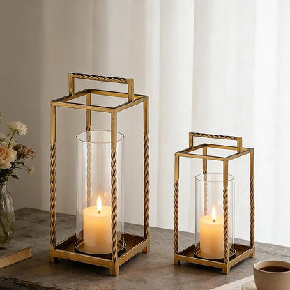 Set 2 Modern Metal Lantern with Twisted Rope-style Frame In Antique Brass with Glass Hurricane For Pillar, String Light. Centerpiece, Mantel, Ambient Lighting, Farmhouse, Transitional, Patio, Entryway