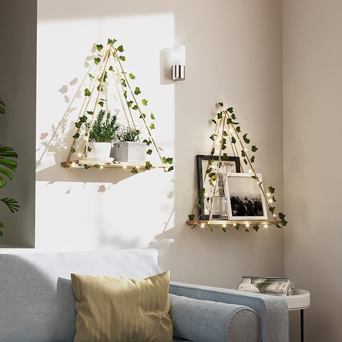 RICHER HOUSE Artificial Ivy LED-Strip Wall Hanging Shelves, Macrame Shelf for Bedroom Bathroom Living Room Kitchen, Wood Hanging Plant Shelves for Wall Décor