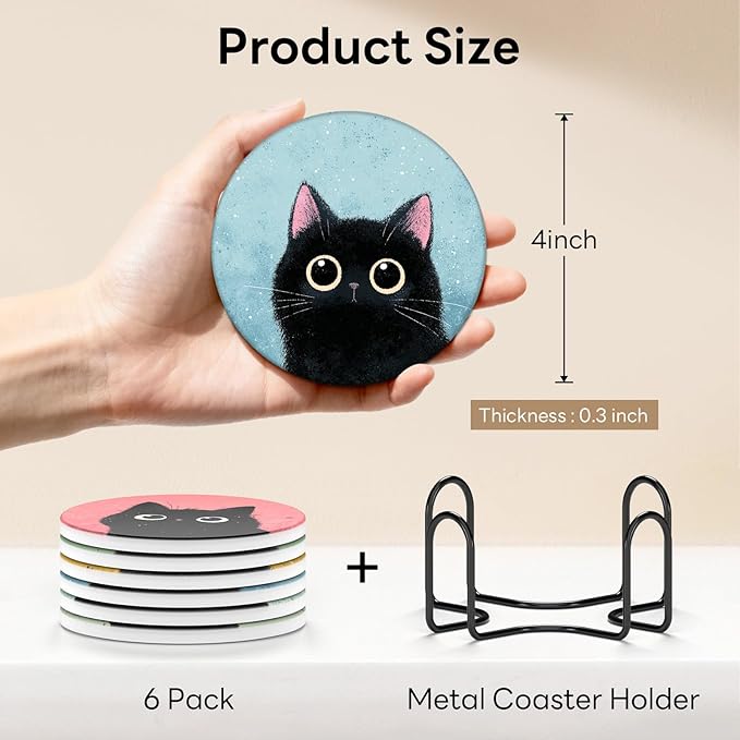 6-Piece Ceramic Coaster Set with Tray Diameter: 3.94 in Thickened Absorbent Material Heat-Resistant and Water-Absorbent Coaster Set Suitable for All Types of Cups， Black Cats