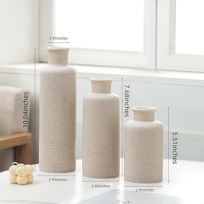 Flower Vase Set, Stone Look, 3 PCS Small Decorative Bud Vases for Pampas Grass, Farmhouse Decor, Kitchen, Living Room, Bathroom, Bedroom, Office, Shelf Centerpiece Table Decoration (Beige)