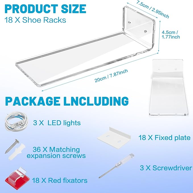 DILIBRA Set of 18 Floating Shoe Display Shelf with Lights, Glow Color Changing Clear Acrylic Shoe Shelf for Wall, Levitating Sneaker Shelves Wall Mount for Display Your Top Shoes Collection
